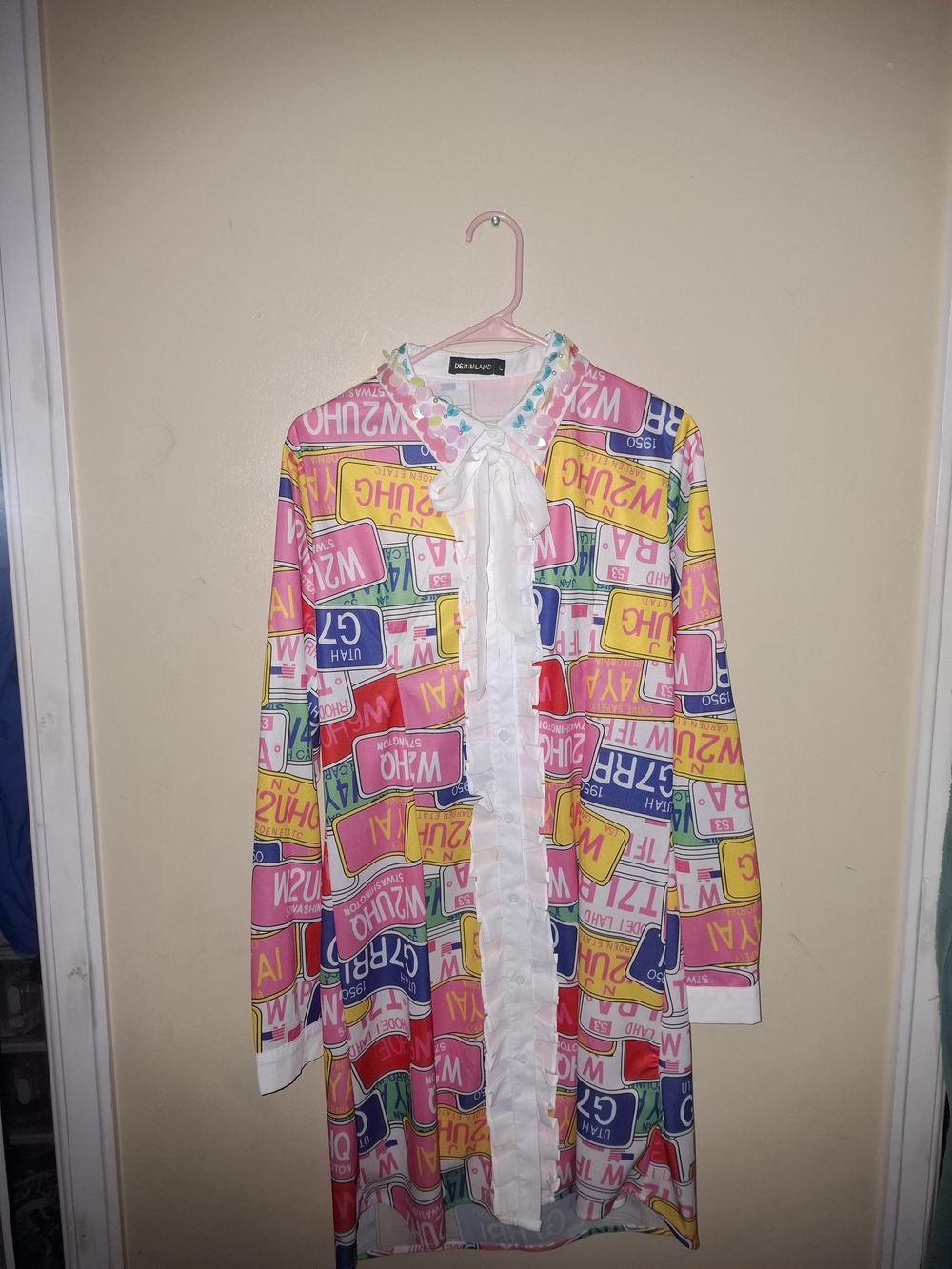 Retro License Plate Print Ruffle-Front Dress - Pink Multi